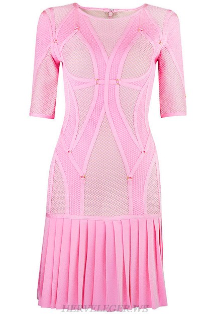 Herve Leger Pink Multi Stitch Crochet Pleated Dress