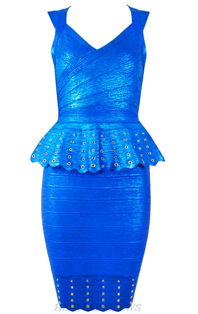 Herve Leger Blue Peplum Woodgrain Foil Print Dress