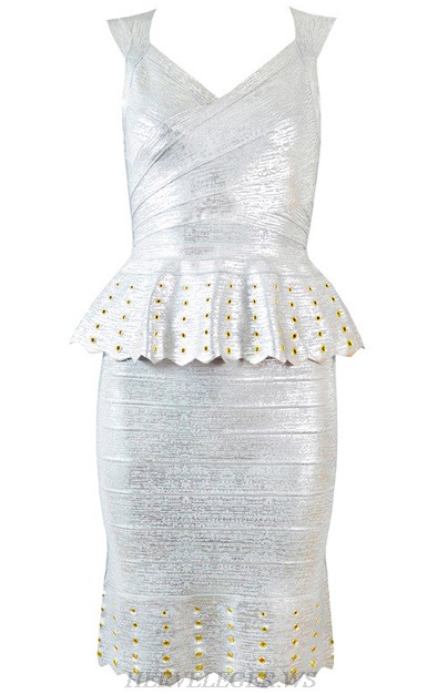 Herve Leger Silver Peplum Woodgrain Foil Print Dress