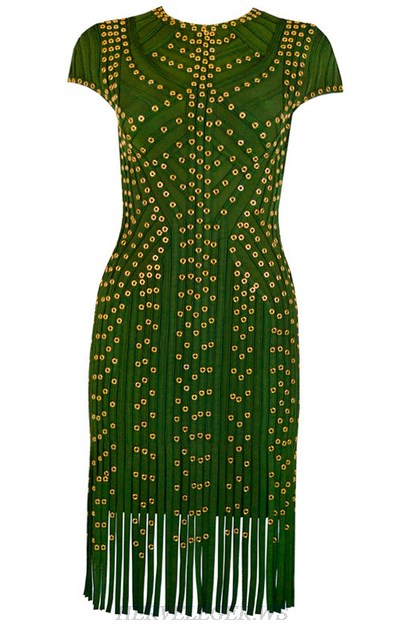 Herve Leger Green Studded Fringe Dress