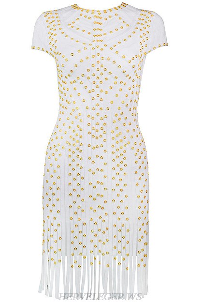 Herve Leger White Studded Fringe Dress