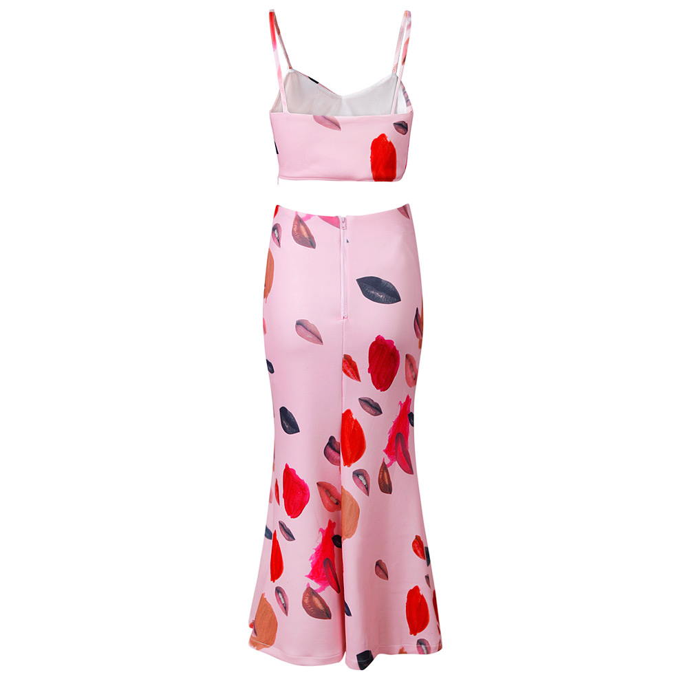 Herve Leger Pink Art Printing Sleeveless Halter Two Pieces Dress
