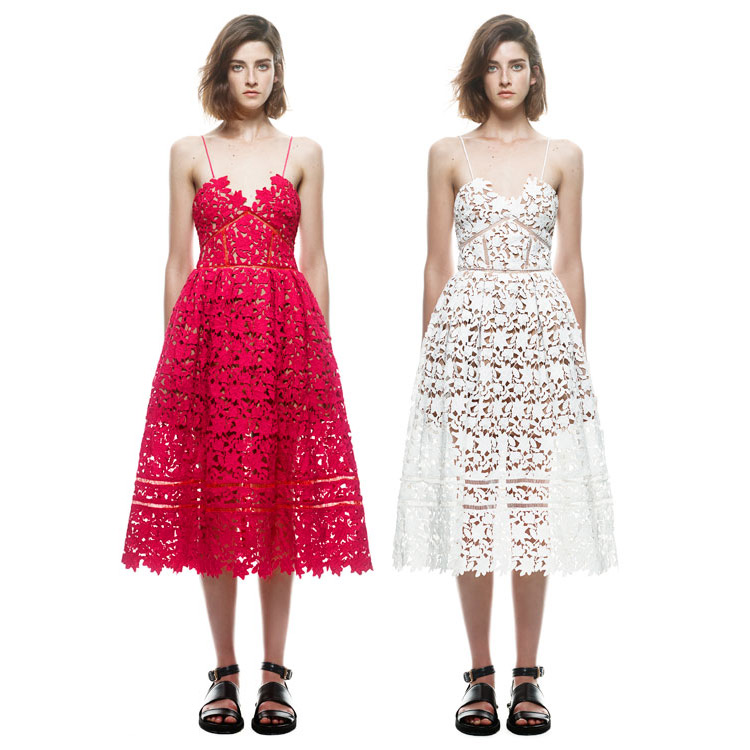 Herve Leger Red And White Multicolor Hollow Lace A Line Dress