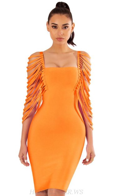 Herve Leger Orange Fringe Sleeve Dress