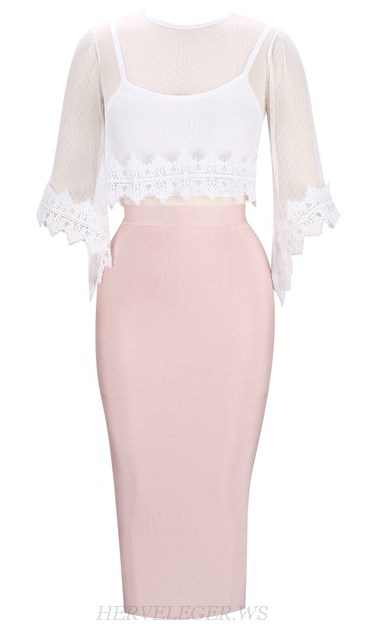 Herve Leger White Pink Lace Overlay Three Piece Dress