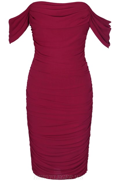 Herve Leger Burgundy Strapless Bardot Ruched Midi Dress