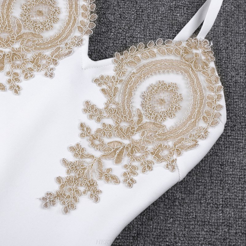 Herve Leger White Gold V Neck Crochet Dress