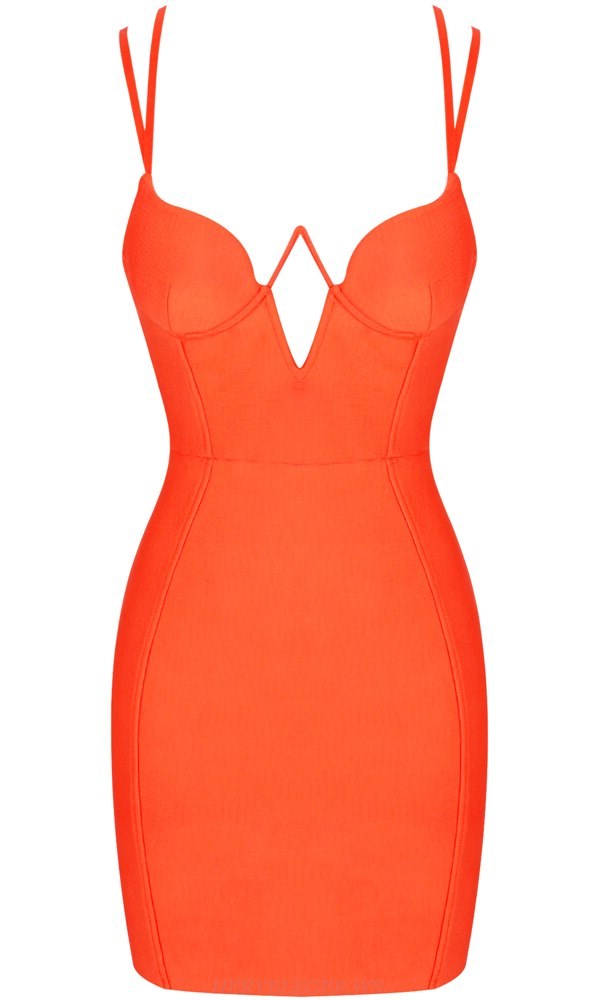 Herve Leger Orange Double Strap Bustier Bandage Dress