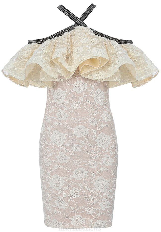 Herve Leger Nude Halter Frill Lace Dress