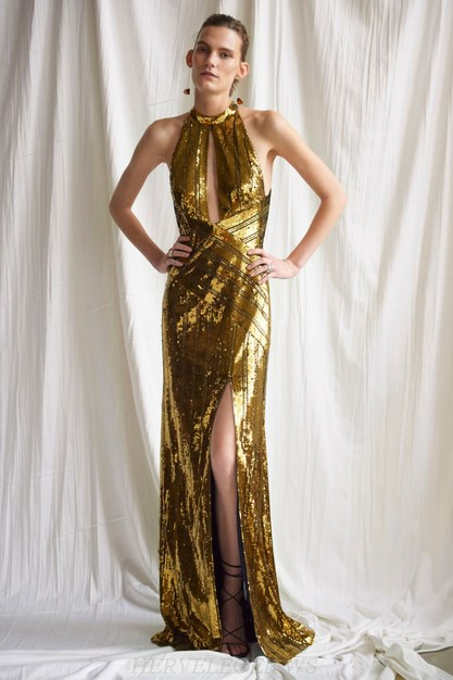 Herve Leger Gold Halter Sequin Evening Gown