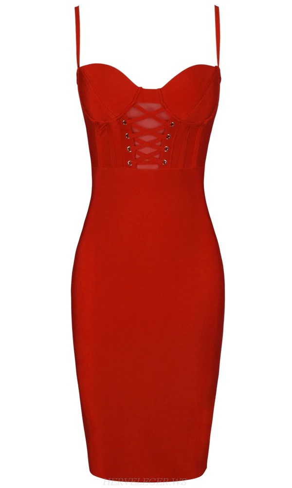 Herve Leger Red Lace Up Bustier Dress