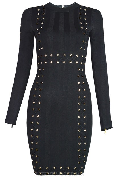 Herve Leger Black Long Sleeve Lace Up Detail Dress