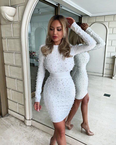 Herve Leger White Long Sleeve Pearl Dress