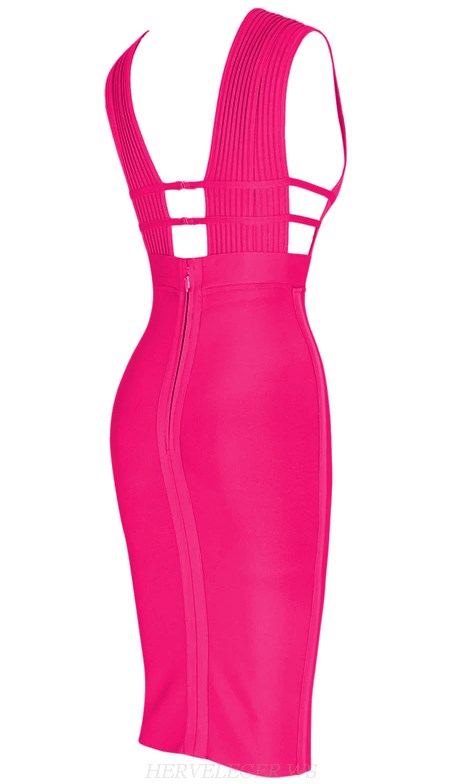 Herve Leger Hot Pink Plunge V Neck Bandage Midi Dress