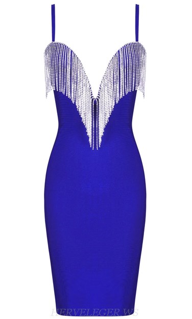 Herve Leger Blue V Neck Rhinestone Tassel Bandage Dress