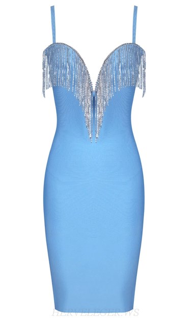 Herve Leger Light V Neck Blue Rhinestone Tassel Bandage Dress
