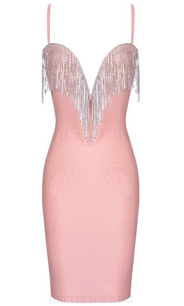 Herve Leger Pink V Neck Rhinestone Tassel Bandage Dress