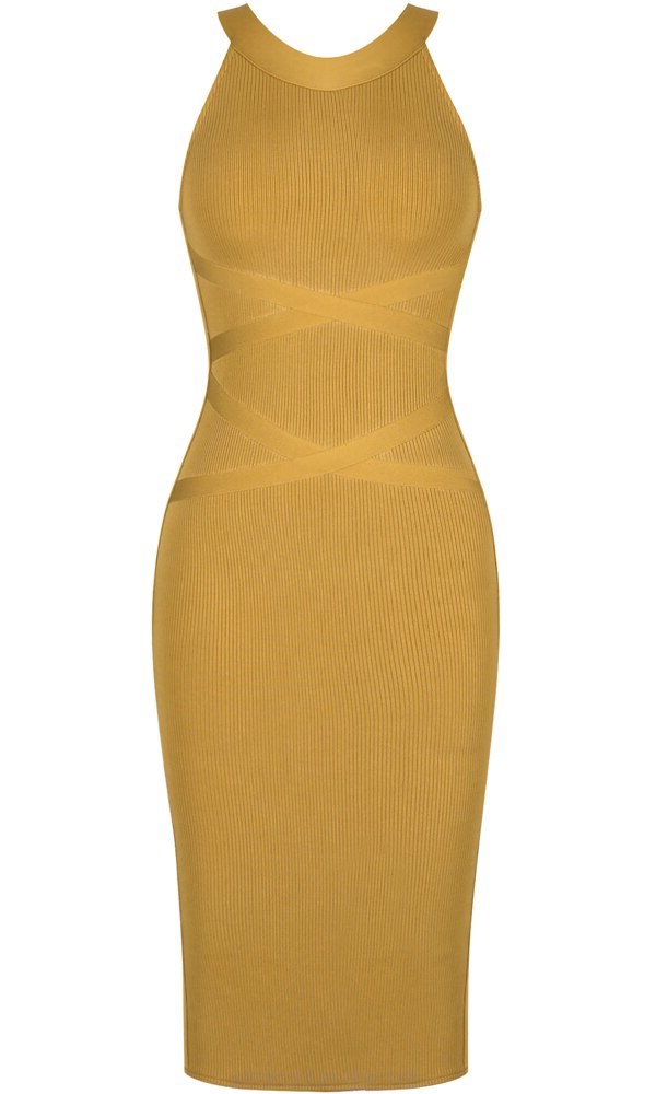 Herve Leger Mustard Ribbed Midi Bandage Dress