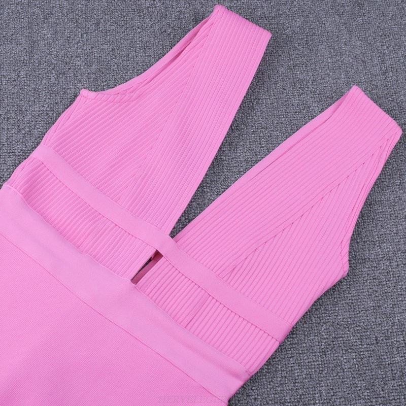 Herve Leger Pink Ribbed Plunge V Neck Midi Bandage Dress