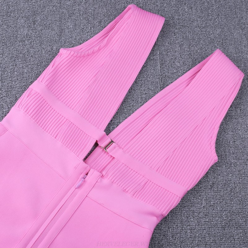 Herve Leger Pink Ribbed Plunge V Neck Midi Bandage Dress