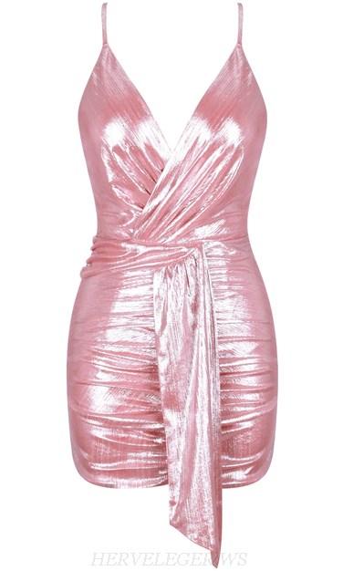 Herve Leger Pink V Neck Ruched Metallic Dress