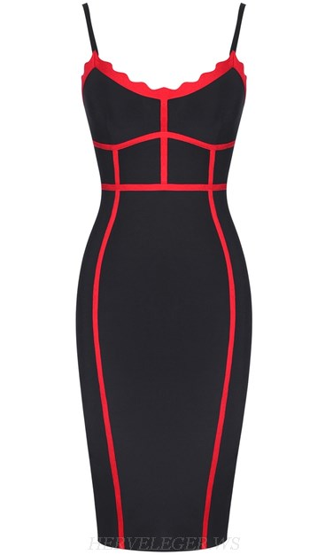Herve Leger Black Red Scalloped Trim Dress