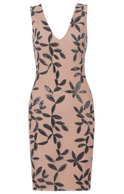 Herve Leger Nude Black Sequin Floral Dress