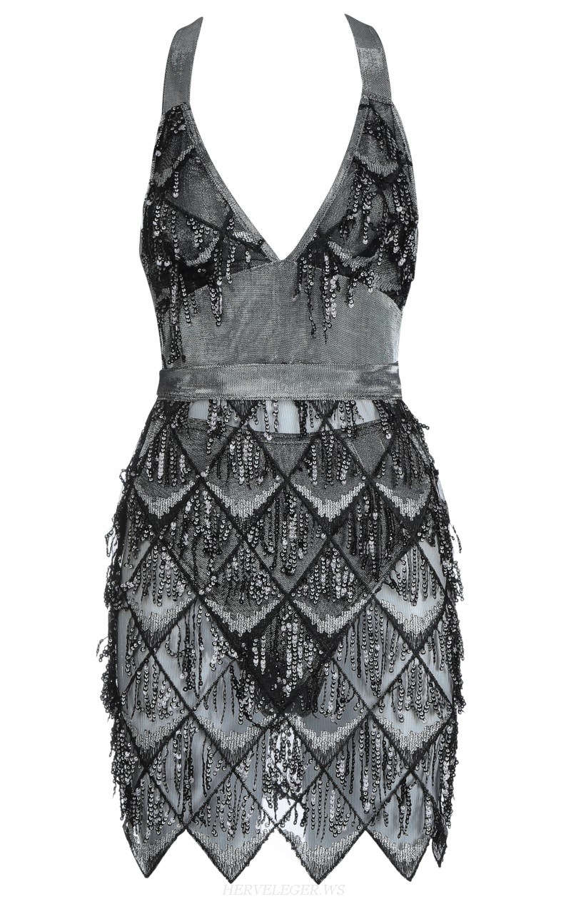 Herve Leger Black V Neck Sequin Scalloped Dress