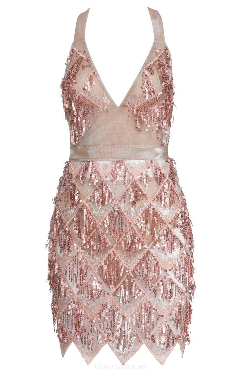 Herve Leger Pink V Neck Sequin Scalloped Dress