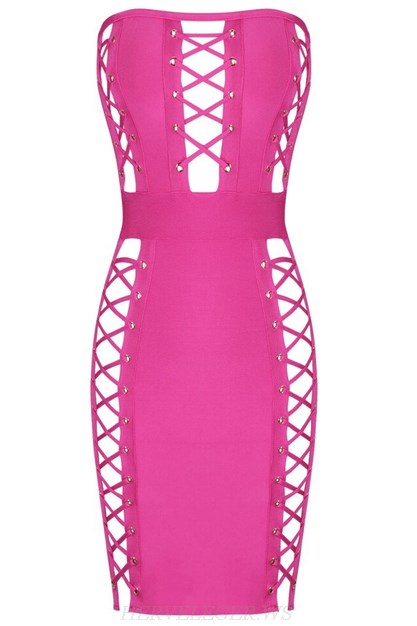 Herve Leger Pink Strapless Lace Up Bandage Dress