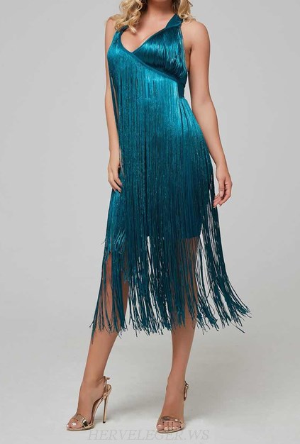 Herve Leger Teal Tassel Midi Bandage Dress