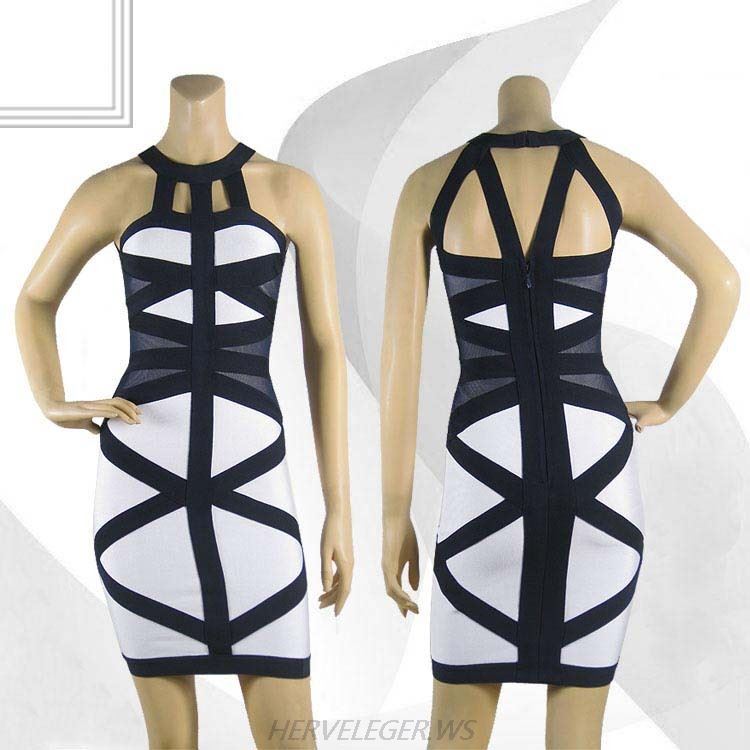 Herve Leger 2016 Black And Blue Cross Stripes Sleeveless Bandage Dress