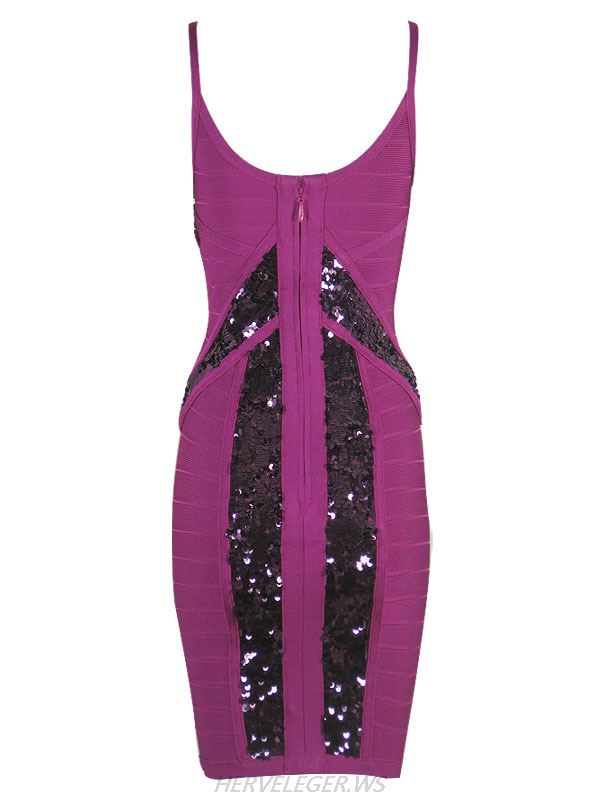 Herve Leger 2015 Purple V Neck Splice Sequins Sleeveless Bandage Dress