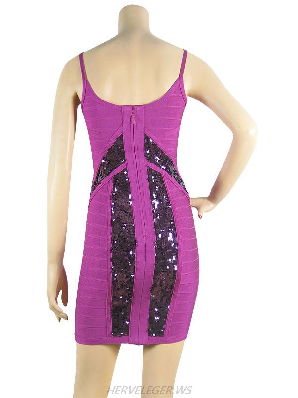 Herve Leger 2015 Purple V Neck Splice Sequins Sleeveless Bandage Dress