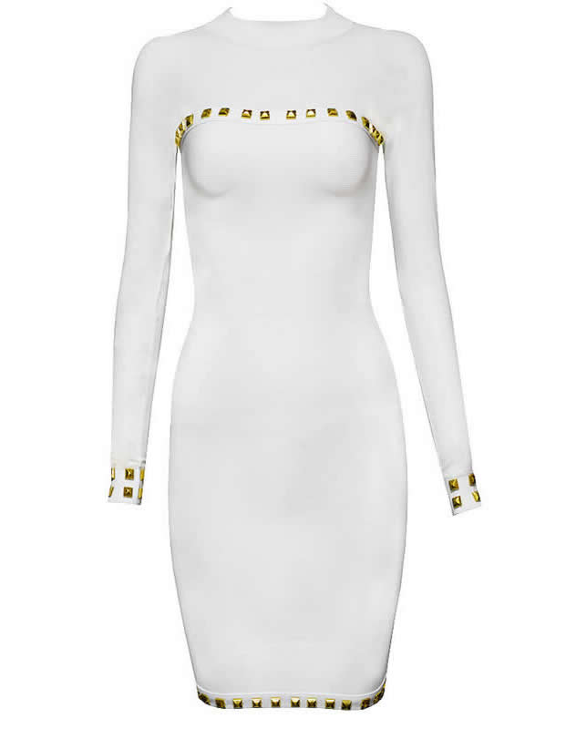 Herve Leger 2015 Spring White Beaded Long Translucent Sleeved Dress