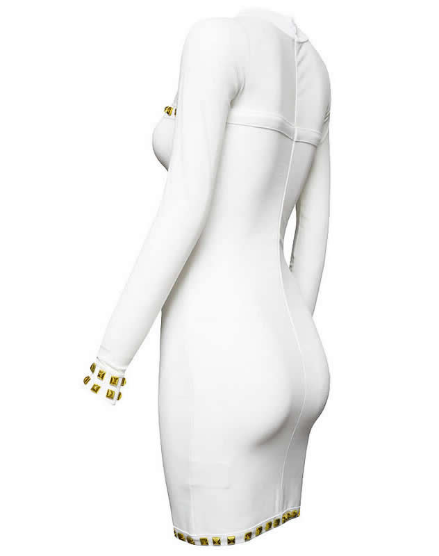 Herve Leger 2015 Spring White Beaded Long Translucent Sleeved Dress