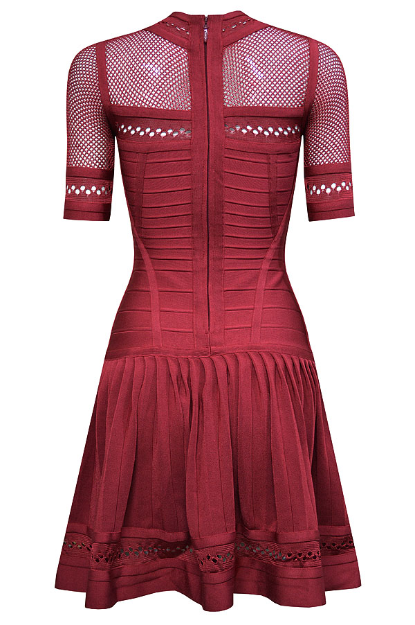 Herve Leger Blue White And Red Multicolor Translucent Lace Net Yarn Mid-sleeve A Line Dress