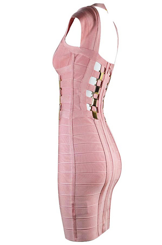 Herve Leger Pink And Black Multicolor V Neck Bandage Dress