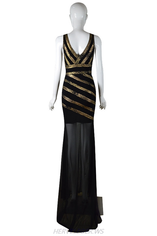Herve Leger 2015 Black And Gold V Neck Gown