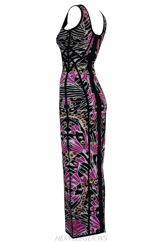 Herve Leger 2015 Black And Purple Colorblock Art Printing Gown