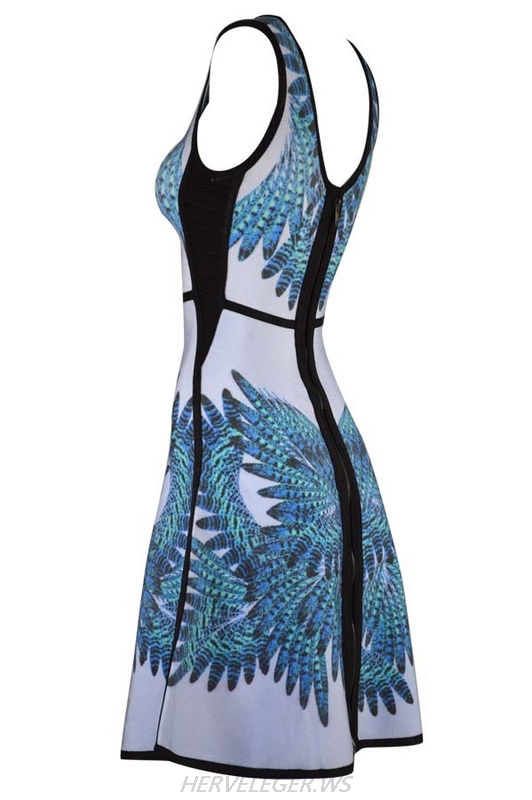 Herve Leger 2015 Blue Art Printing Sleeveless Dress