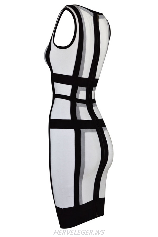 Herve Leger Black And White Geometric Strips Colorblock Bandage Dress
