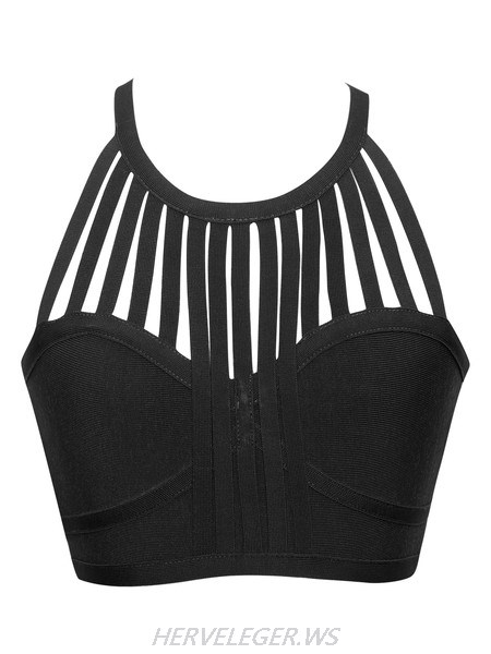Herve Leger Black Fringe Cutout Bandage Crop Top