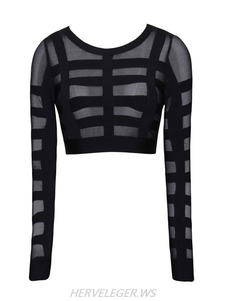 Herve Leger Black Luna Bandage and Sheer Mesh Cropped Top