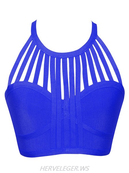 Herve Leger Blue Fringe Cutout Bandage Crop Top