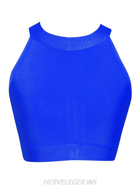 Herve Leger Blue Halter Neck Black Bandage Crop Top