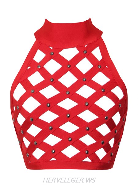 Herve Leger Karlisle Red Lattice Cut Out Crop Top