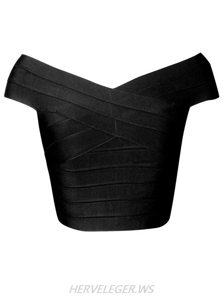Herve Leger Off The Shoulder Black Bandage Crop Top