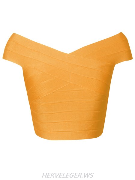 Herve Leger Off The Shoulder Orange Bandage Crop Top