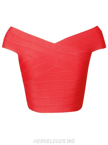 Herve Leger Off The Shoulder Red Bandage Crop Top